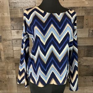 Blue White Zig Zag Print Blouse Bell Sleeves SZ M